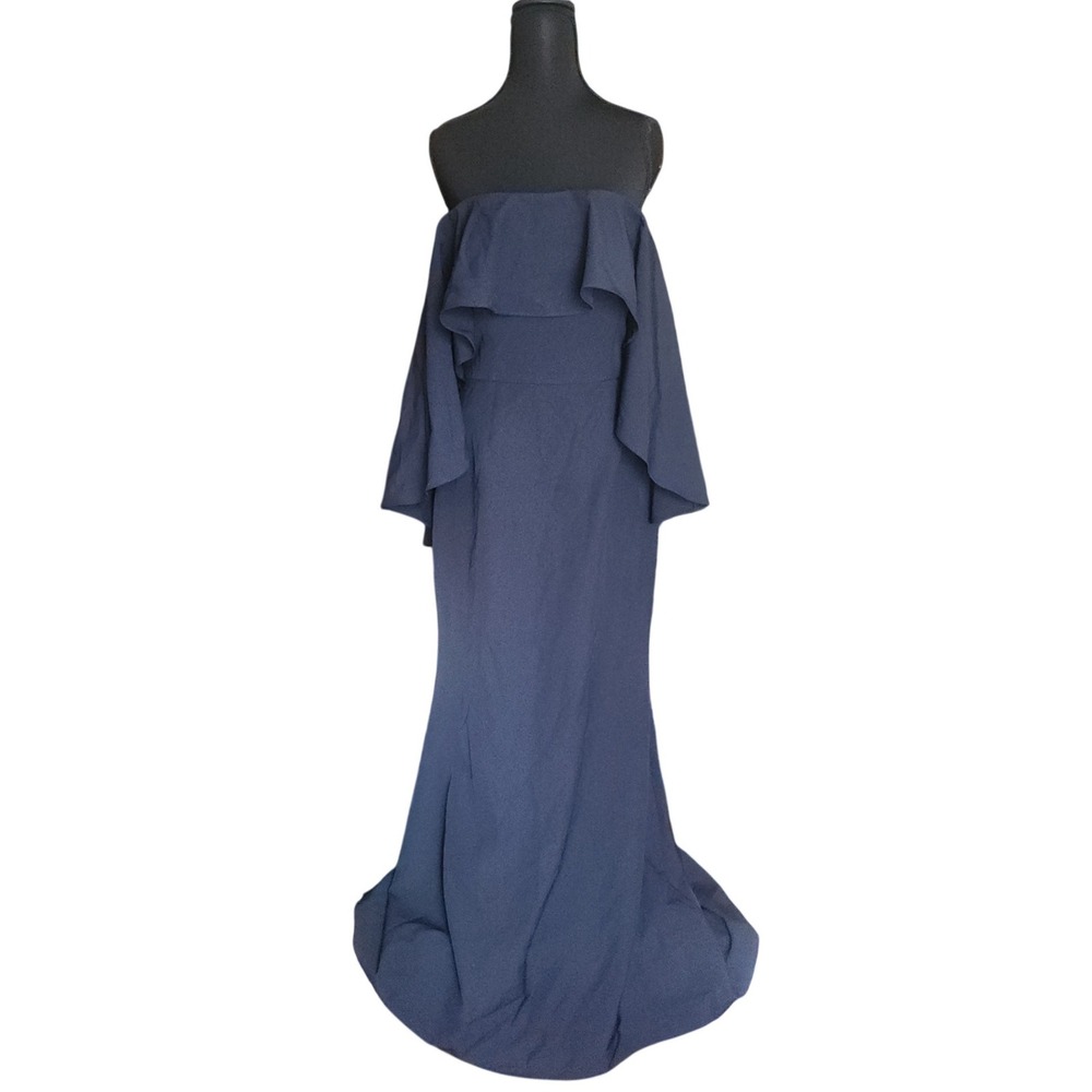 VINCE Camuto Navy Blue Off Shoulder Ruffle Cape Formal Gown Size 8 NWT $238 - Picture 3 of 10